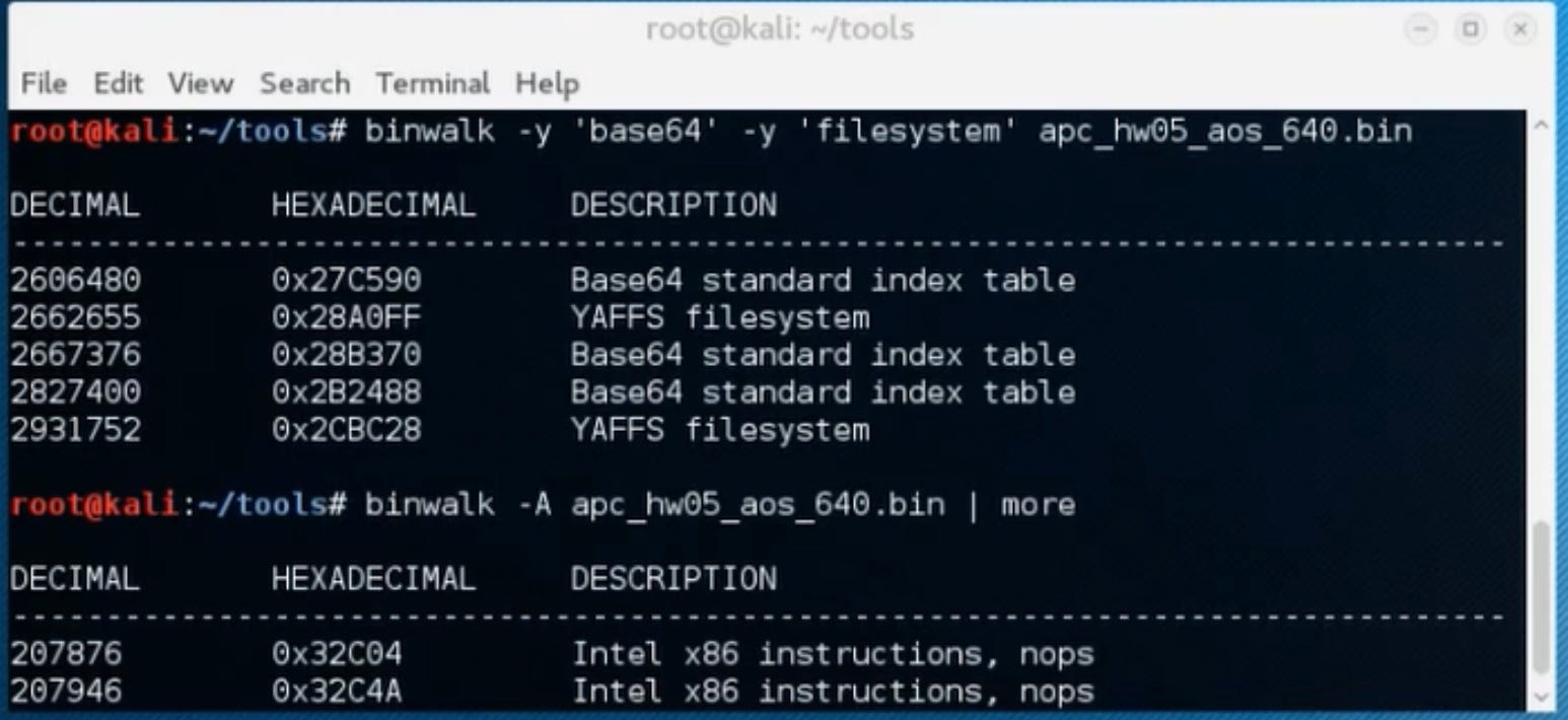Original mock–up of “binwalk” analysis of firmware image