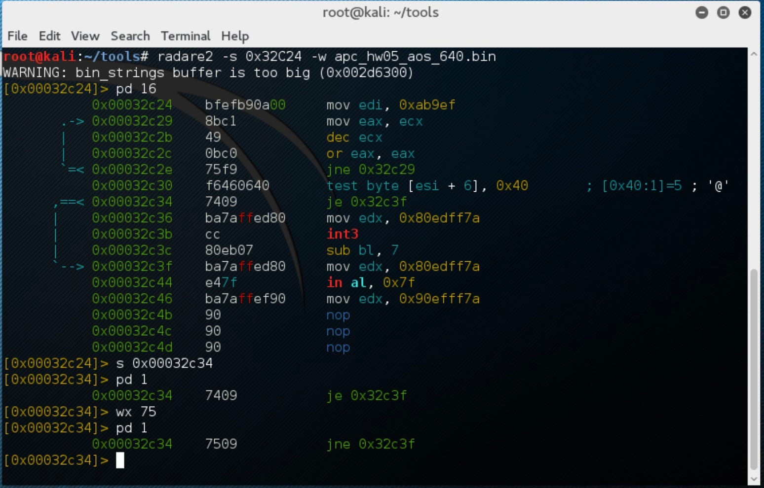Original mock–up of reverse engineering the firmware in “radare2”